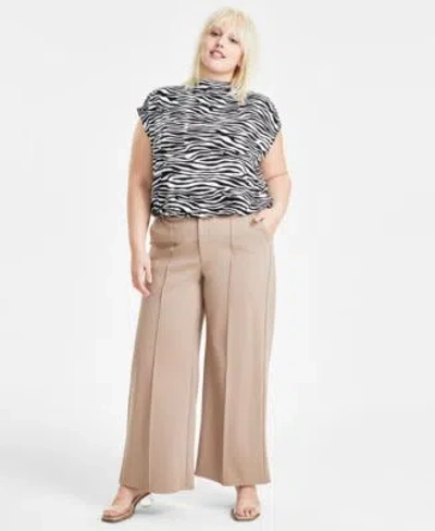 Bar Iii Trendy Plus Size Zebra Print Mock Neck Top High Rise Wide Leg Ponte Knit Pants Created For Macys In Deep Black