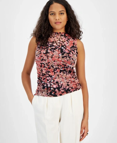 Bar Iii Women's Abstract-print Draped-front Sleeveless Top, Created For Macy's In Black,coral Rose Multi