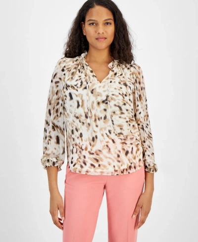 Bar Iii Women's Abstract-print Tie-neck Blouse, Created For Macy's In Bar White Multi