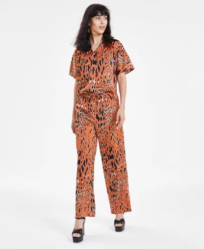 Bar Iii Women's Animal-print Drawstring-waist Pants, Created For Macy's In Rich Camel,black