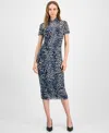 Bar Iii Women's Animal-print Mock-neck Midi Dress, Macy's Exclusive In Blue
