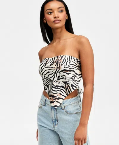 Bar Iii Women's Animal-print Strapless Tie-back Scarf Top, Macy's Exclusive In Black
