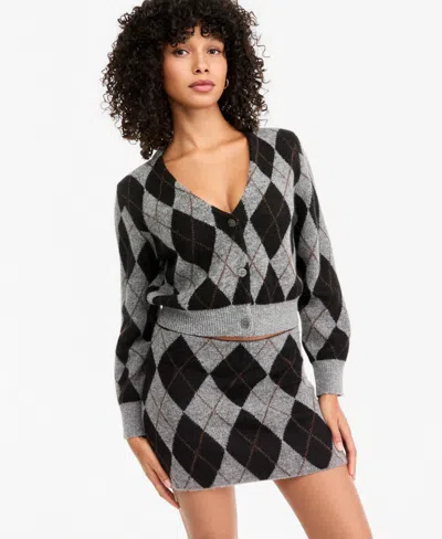 Bar Iii Women's Argyle Cropped V-neck Cardigan, Macy's Exclusive In Gray Combo