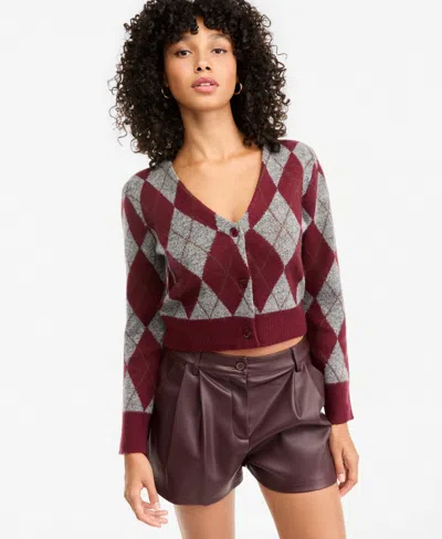 Bar Iii Women's Argyle Cropped V-neck Cardigan, Macy's Exclusive In Wine Combo