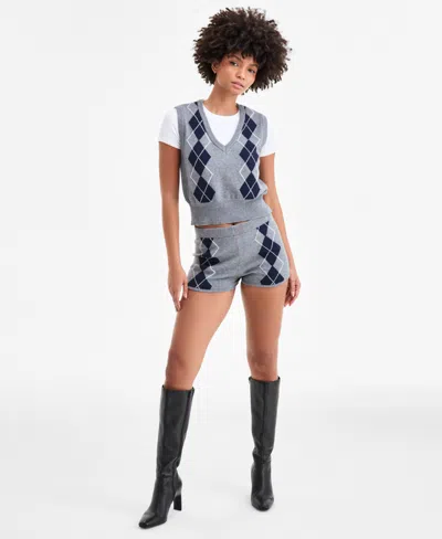 Bar Iii Women's Argyle Knit Shorts, Macy's Exclusive In Gray