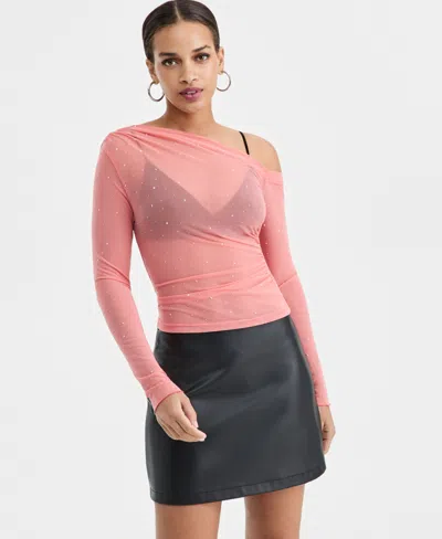 Bar Iii Women's Asymmetric Embellished Mesh Top, Macy's Exclusive In Pink