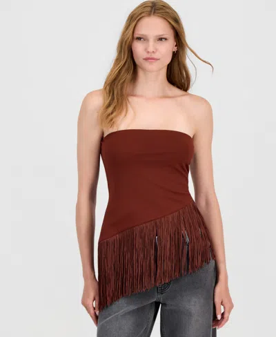 Bar Iii Women's Asymmetrical Fringe-hem Top, Macy's Exclusive In Brown