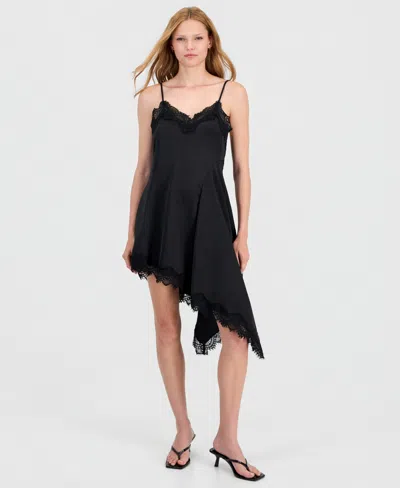 Bar Iii Women's Asymmetrical Satin Slip Dress, Macy's Exclusive In Black