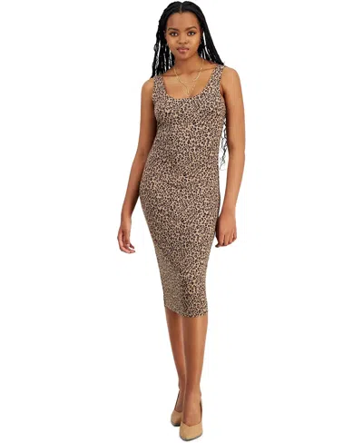 Bar Iii Women's  Bodycon Midi Dress Brown Leopard Stretch Scoop Neck Ups569 In Animal Print