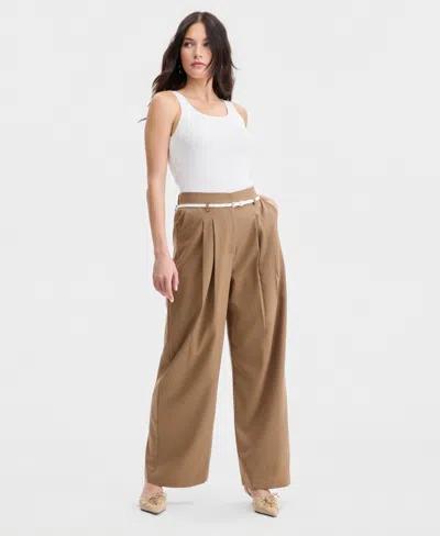 Bar Iii Women's Belted Pleated Wide-leg Trousers, Macy's Exclusive In Brown