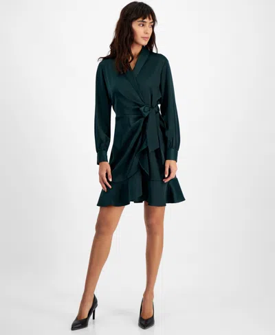 Bar Iii Women's Blouson-sleeve Faux-wrap Dress, Created For Macy's In Pine Mist