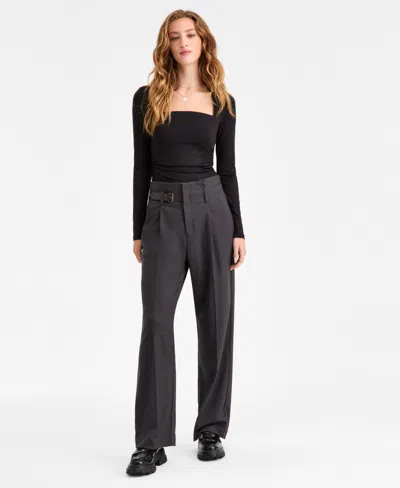 Bar Iii Women's Buckle-tab Pleated Trousers, Macy's Exclusive In Gray