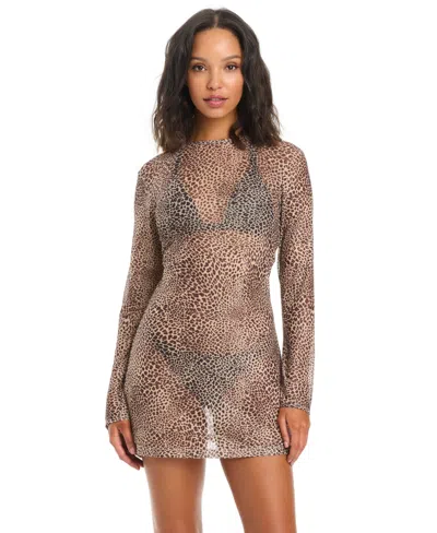 Bar Iii Women's Can't Be Tamed Printed Mesh Swim Cover-up Dress, Macy's Exclusive In Brown