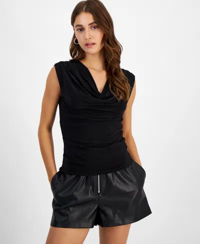 Bar Iii Women's Cap-sleeve Cowlneck Top, Created For Macy's In Deep Black