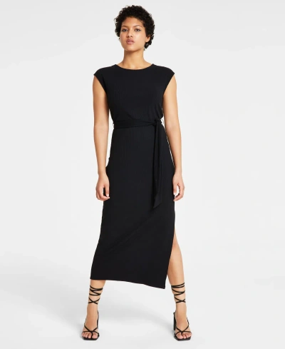 Bar Iii Women's Cap-sleeve Ribbed Midi Dress, Created For Macy's In Deep Black