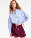 Bar Iii Women's Collared Button-front Cropped Shirt, Macy's Exclusive In Blue