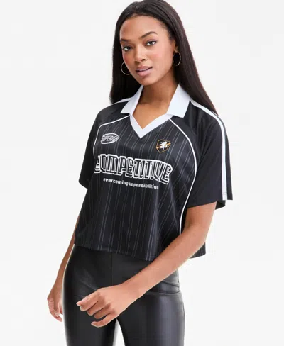 Bar Iii Women's Collared Competitive Graphic Striped Crop Jersey, Macy's Exclusive In Black