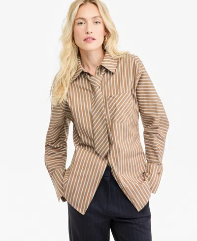 Bar Iii Women's Collared Striped Poplin Tie Shirt, Macy's Exclusive In Brown Combo