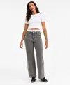 Bar Iii Women's Contrast-waist Wide-leg Jeans, Macy's Exclusive In Gray