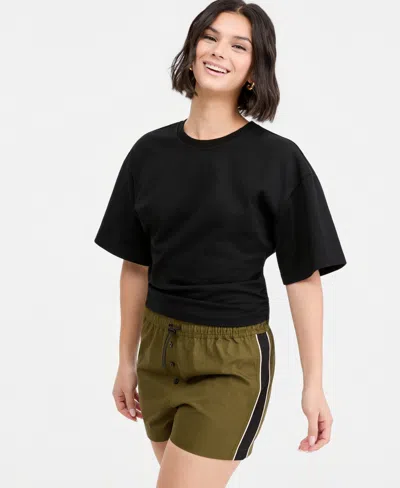 Bar Iii Women's Cotton Elbow-sleeve Sculpted T-shirt, Macy's Exclusive In Black
