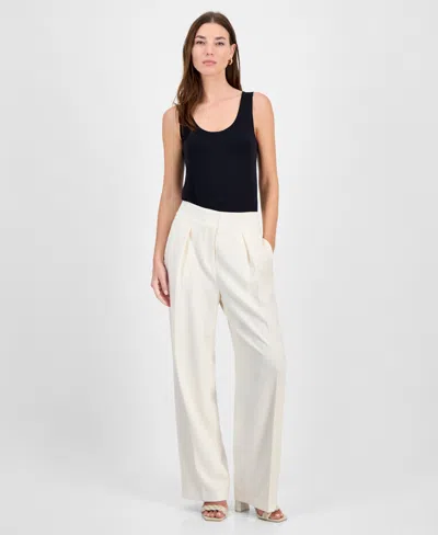 Bar Iii Women's Crepe High Rise Pleated Wide-leg Pants, Exclusively At Macy's In Bar White