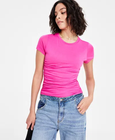 Bar Iii Women's Crewneck Ruched-front Short-sleeve T-shirt, Exclusively At Macy's In Pinkadelic