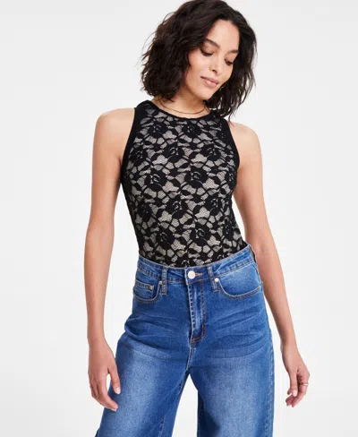 Bar Iii Women's Crewneck Sleeveless Lace Bodysuit, Exclusively At Macy's In Deep Black