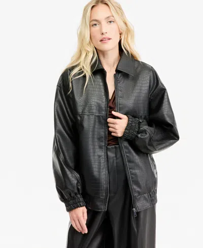 Bar Iii Women's Croc-embossed Faux-leather Oversized Bomber Jacket, Macy's Exclusive In Black