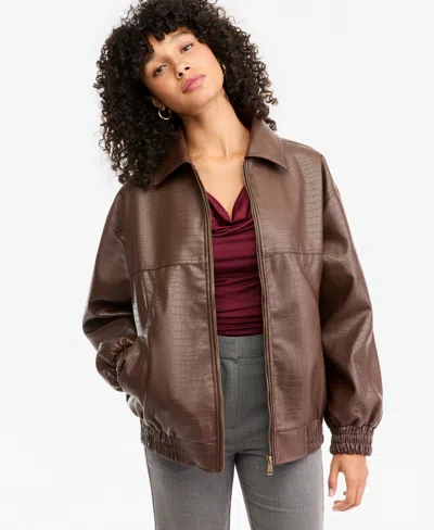 Bar Iii Women's Croc-embossed Faux-leather Oversized Bomber Jacket, Macy's Exclusive In Brown