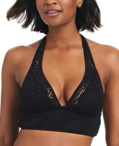 Bar Iii Women's Crochet Longline Halter Bikini Top, Created For Macy's In Black