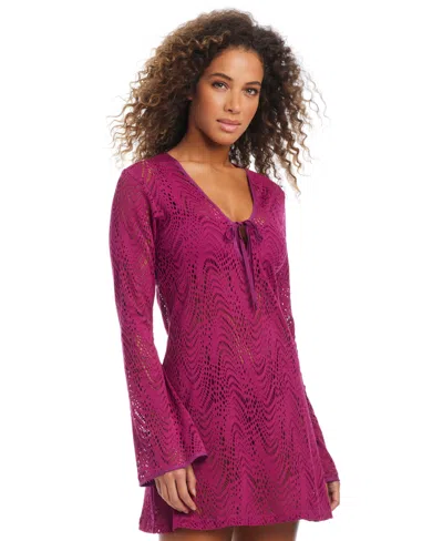 Bar Iii Women's Crochet Plunge-neck Cover-up Dress, Created For Macy's In Plumberry