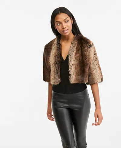 Bar Iii Women's Cropped 3/4-sleeve Faux Fur Jacket, Macy's Exclusive In Brown