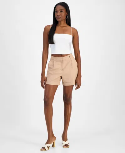 Bar Iii Women's Cuffed Linen-blend Pleat-front Shorts, Exclusively At Macy's In Barley Field