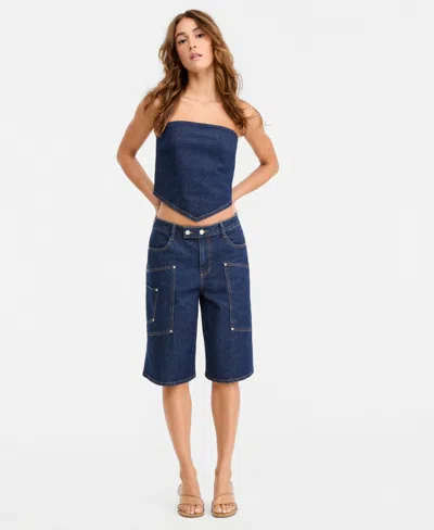 Bar Iii Women's Denim Cargo Shorts, Macy's Exclusive In Blue