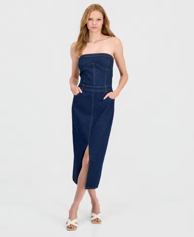 Bar Iii Women's Denim Corset Midi Dress, Macy's Exclusive In Blue