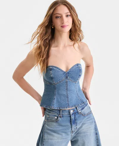 Bar Iii Women's Denim Strapless Peplum Corset Top, Macy's Exclusive In Blue