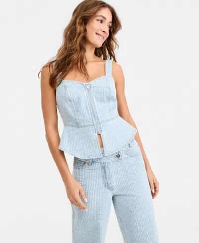 Bar Iii Women's Destructed Denim Peplum Top, Macy's Exclusive In Blue