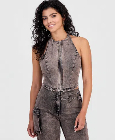 Bar Iii Women's Dirty Denim Halter-neck Top, Macy's Exclusive In Brown