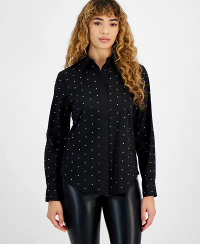 Bar Iii Women's Embellished Button-front Shirt, Created For Macy's In Black