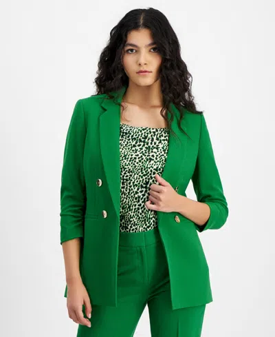 Bar Iii Women's Faux Double-breasted Ruched-sleeve Blazer, Created For Macy's In Green Chili