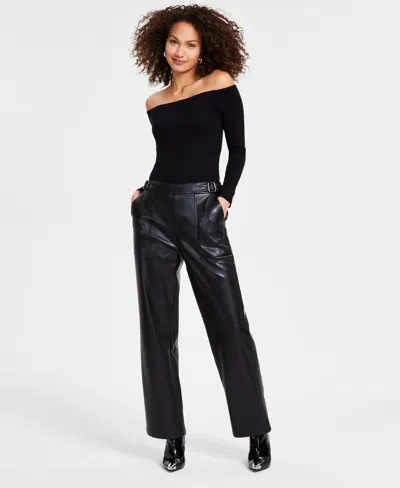 Bar Iii Women's Faux-leather Belt-waist Straight Pants, Created For Macy's In Deep Black