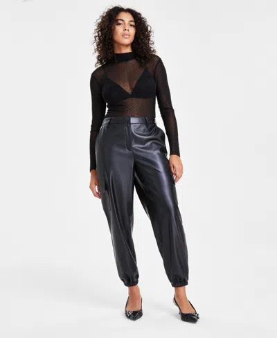 Bar Iii Women's Faux-leather Joggers, Created For Macy's In Deep Black