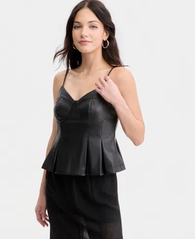 Bar Iii Women's Faux-leather Peplum Top, Macy's Exclusive In Black