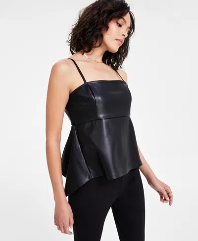Bar Iii Women's Faux-leather Sleeveless Peplum Top, Exclusively At Macy's In Deep Black