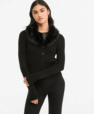 Bar Iii Women's Faux-fur Collar Ribbed-knit V-neck Cardigan, Macy's Exclusive In Black
