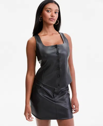 Bar Iii Women's Faux-leather Scoop-neck Button-front Vest, Macy's Exclusive In Black