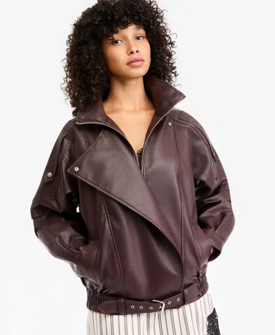 Bar Iii Women's Faux-leather Zip-front Bomber Jacket, Macy's Exclusive In Black