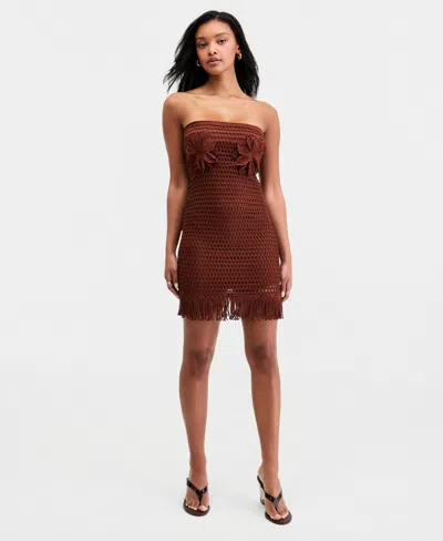 Bar Iii Women's Floral Crochet Strapless Mini Dress, Macy's Exclusive In Brown