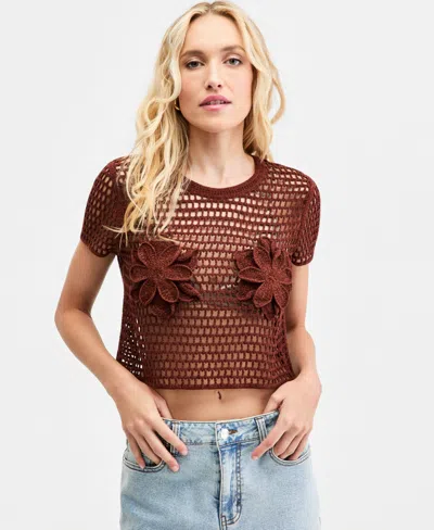 Bar Iii Women's Floral Crochet T-shirt, Macy's Exclusive In Brown