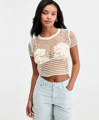 Bar Iii Women's Floral Crochet T-shirt, Macy's Exclusive In White